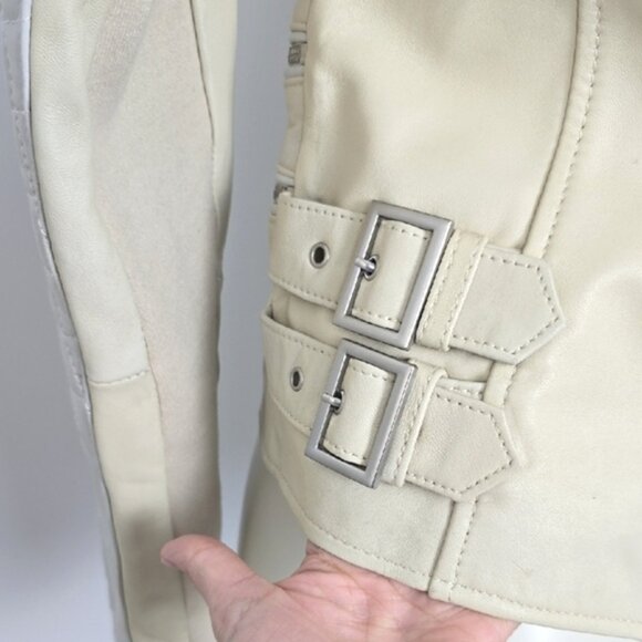 BCBGMAXAZRIA Women's Cream Quilted Biker Leather Lined Jacket Zippers Size Small - Picture 12 of 16